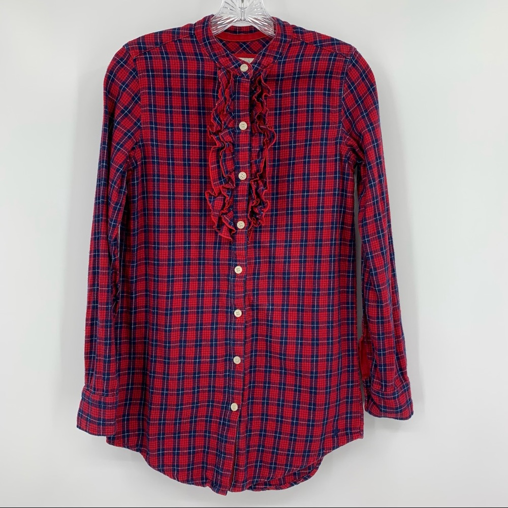 Aerie Ruffle Neckline Cotton Flannel Night Shirt Red Plaid Size S